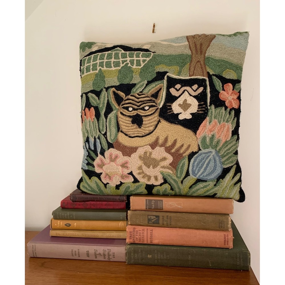 Vintage Embroidered Pillow with Cats and Flora Motif